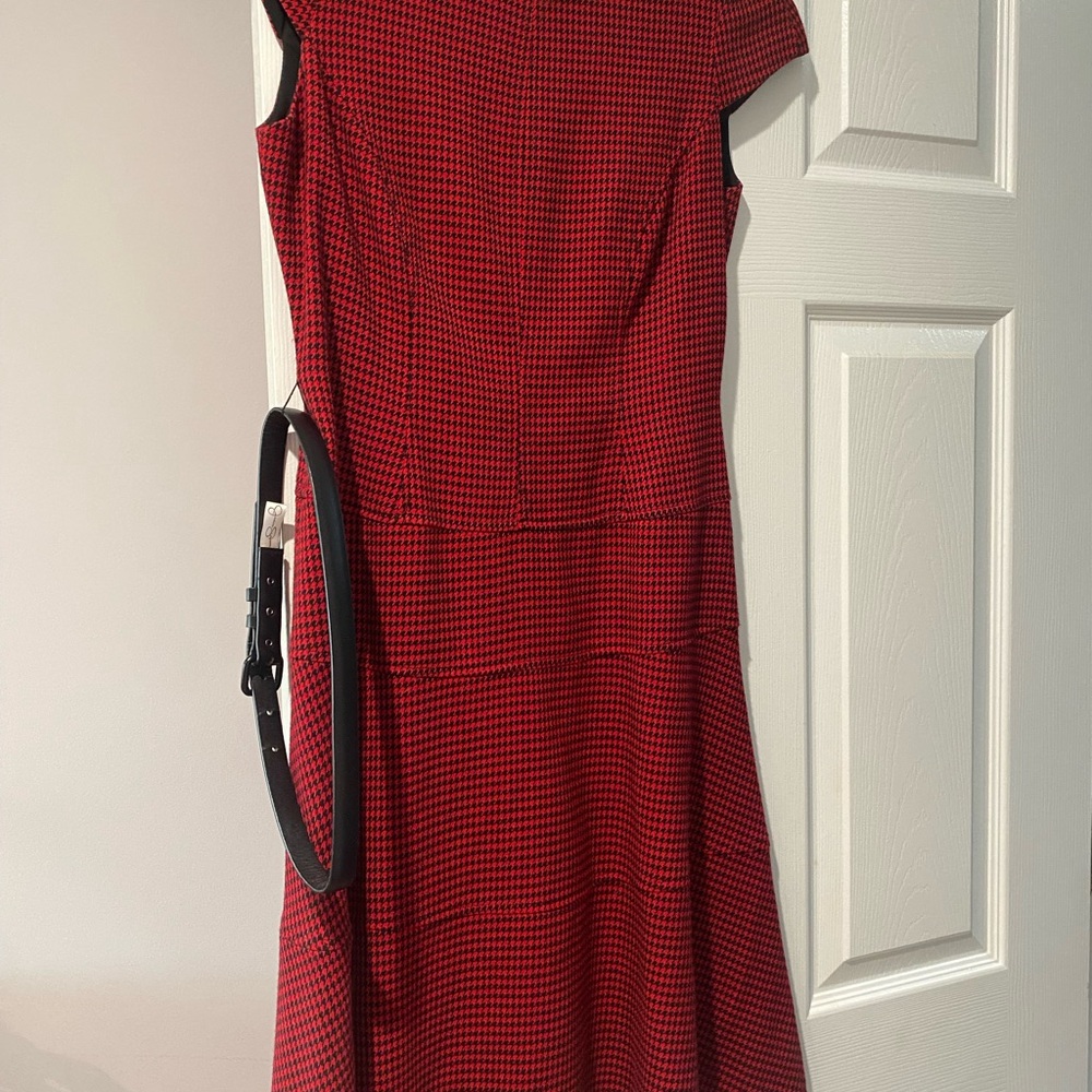 Anne Klein Red Houndstooth Midi Dress with Belt